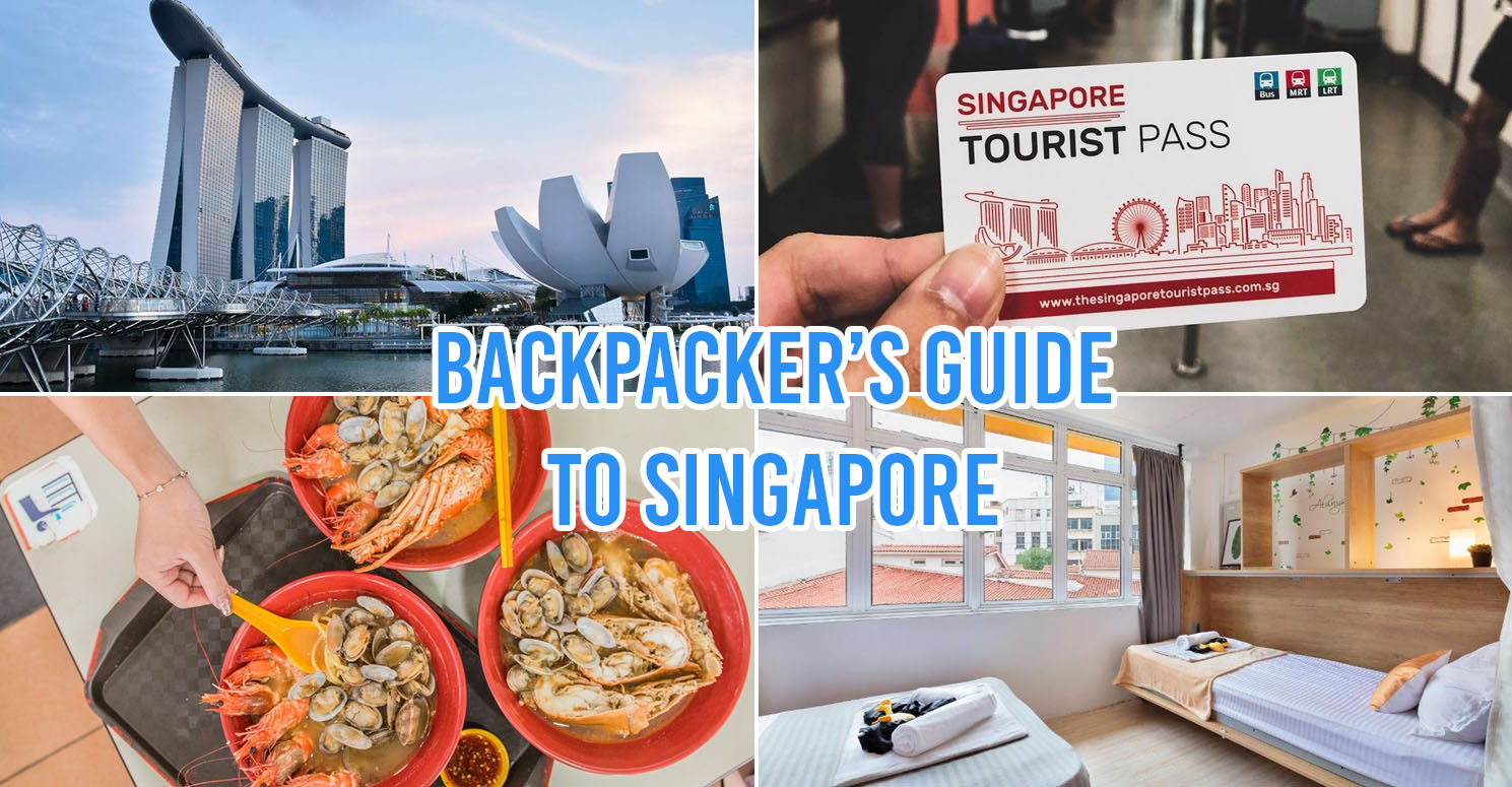 backpacking in singapore - collage of marina bay sands, tourist pass, hawker food and hostel