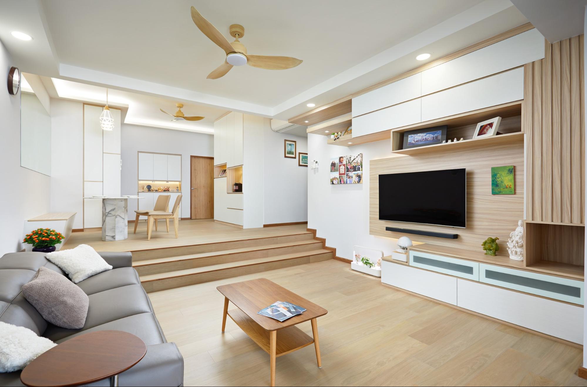 hdb renovation - floor to ceiling shelves in living room