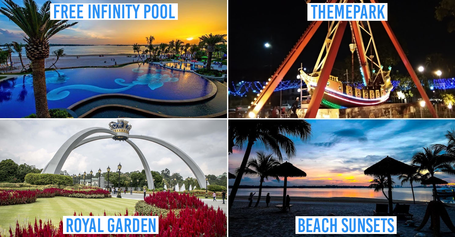 danga bay in jb - collage of infinity pool, theme park, royal garden, beach sunset