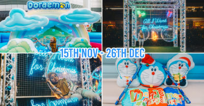 doraemon pop-up at amk hub and jurong point - collage of ball pit, photo spots, merch