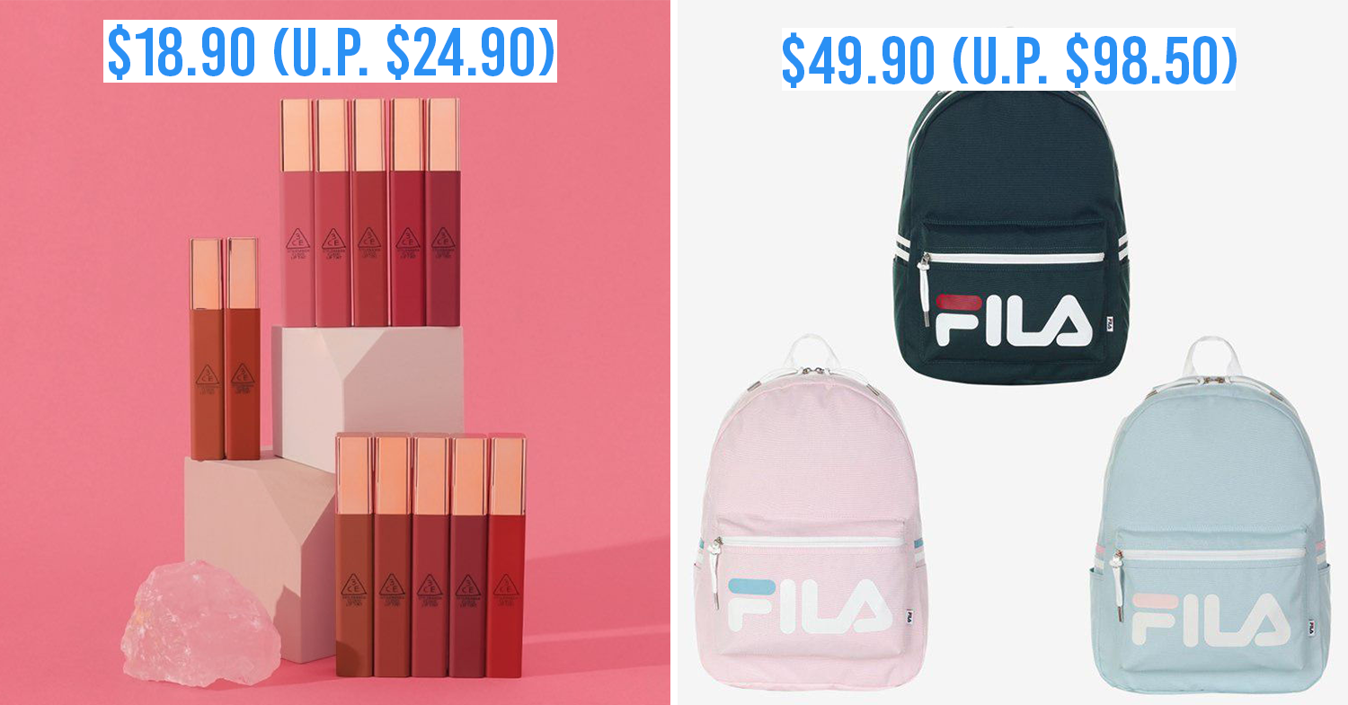 ezbuy 11.11 sale - collage of 3ce cloud lip tint and fila coat backpack
