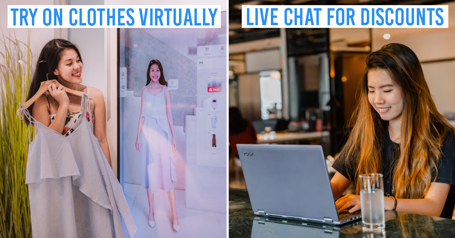 guide to online shopping - collage of virtually trying out clothes and live chatting
