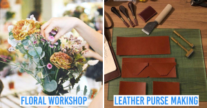 learning neighbourhood at geylang serai - collage of floral workshop and leather purse making