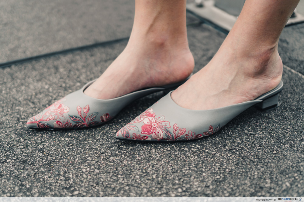 charles & keith cny collection - embroidered floral mules in grey