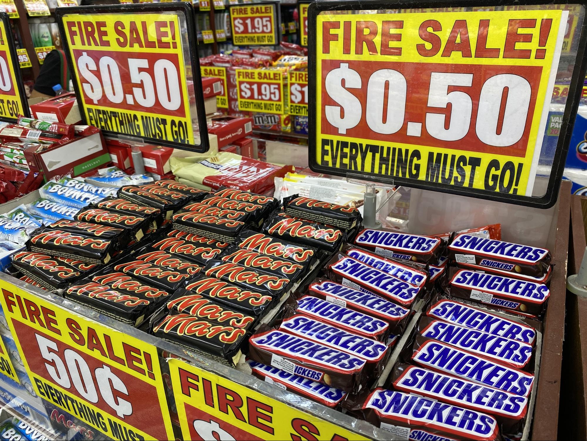 Mars, Snickers and Bounty bars at $0.50.