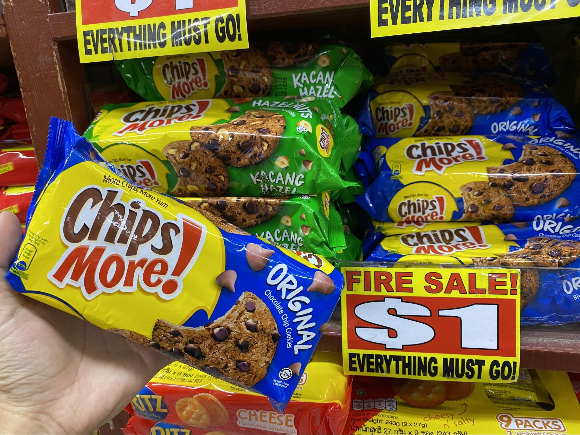 Chipsmore chocolate chip cookies at the value dollar store in Singapore