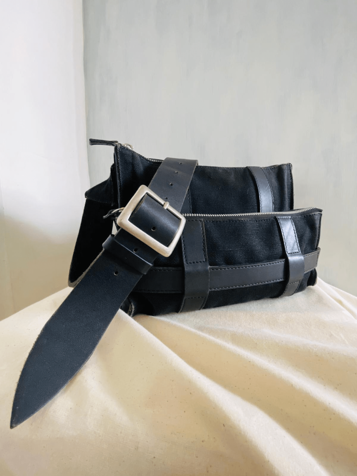 preloved Yohji Yamamoto leather and canvas belt bag