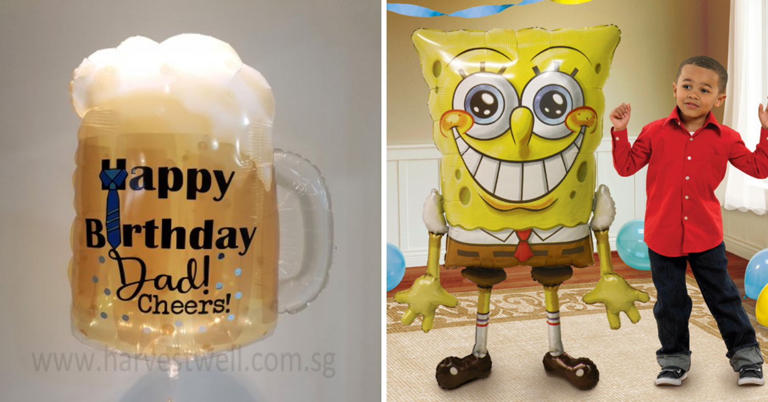 Balloon delivery services Singapore - Harvest Well beer mug and spongebob walker balloons