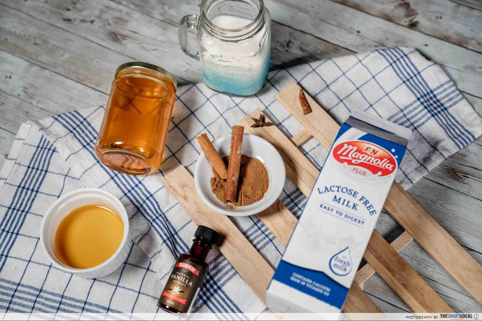 Ingredients needed for honey cinnamon milk recipe