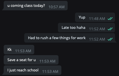 screengrab from a text exchange where the writers friend offered to save a seat in class as he was late