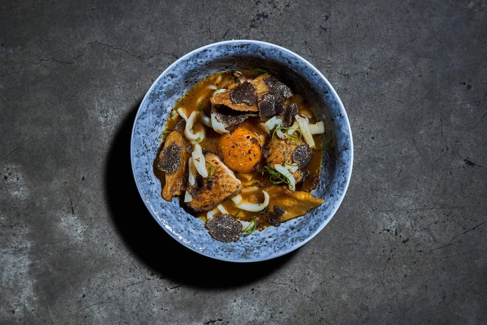 Squid Noodle and Chicken Wing Ramen, Egg Yolk, Chicken and Truffle Broth