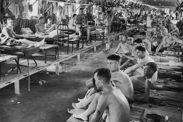 roberts barracks in changi during ww2 with pows on beds