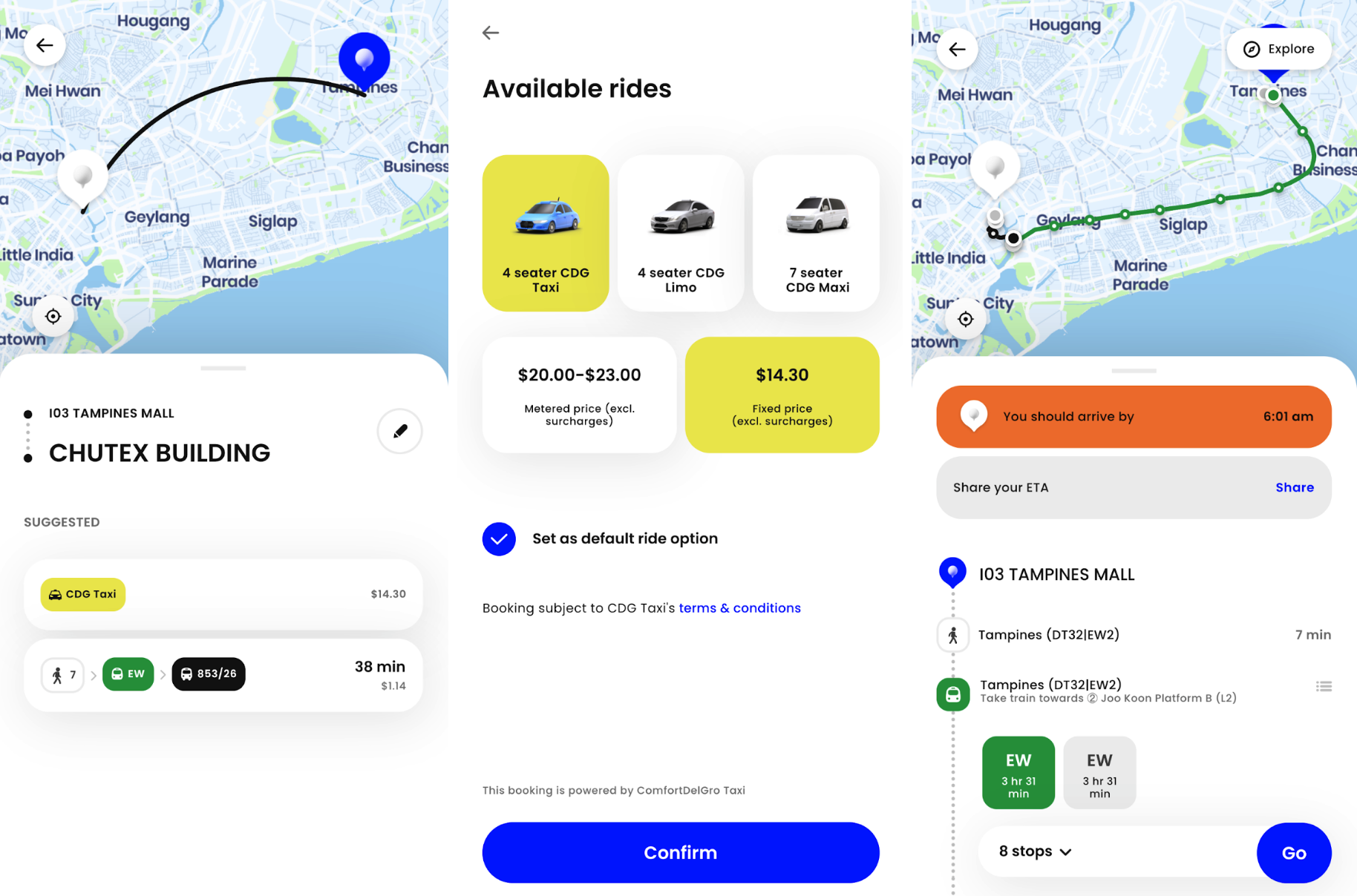 zig app - transport options and taxi booking interface