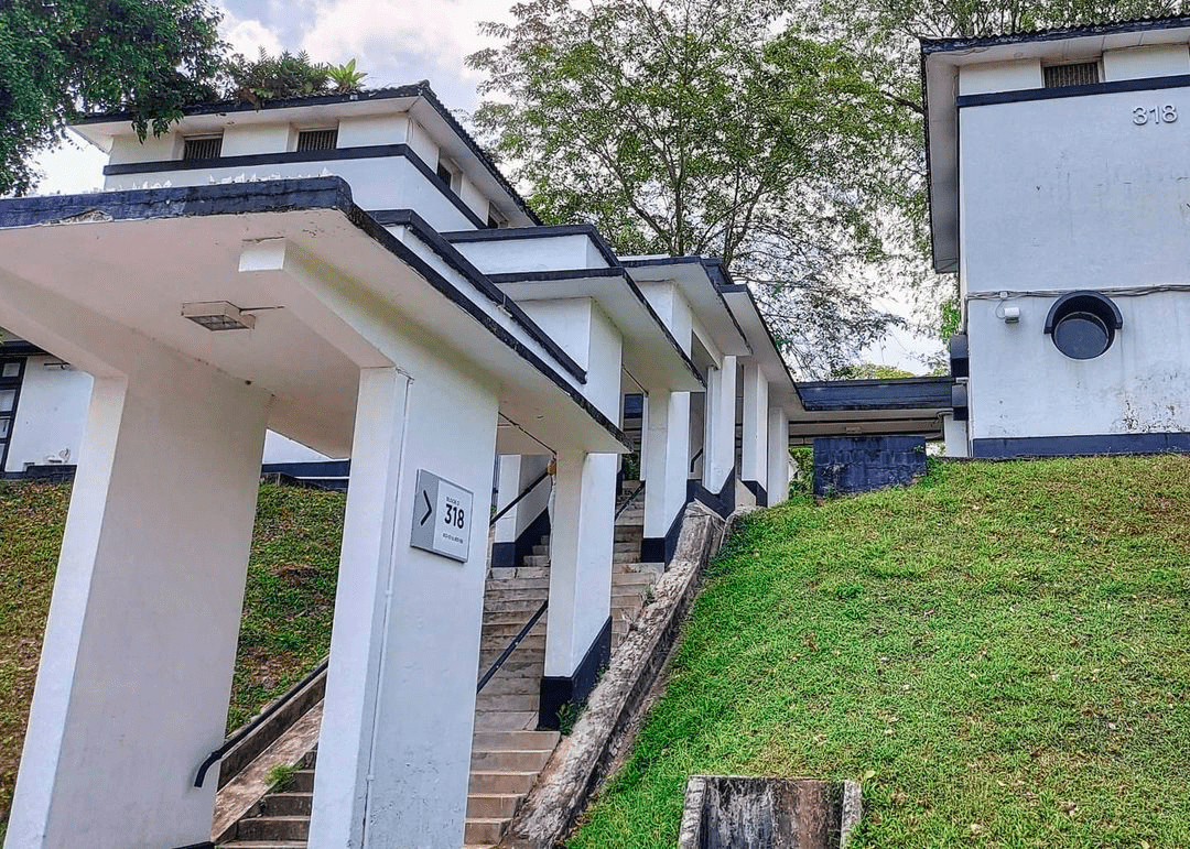  staircase up a hill with black and white buildings at phoenix park singapore