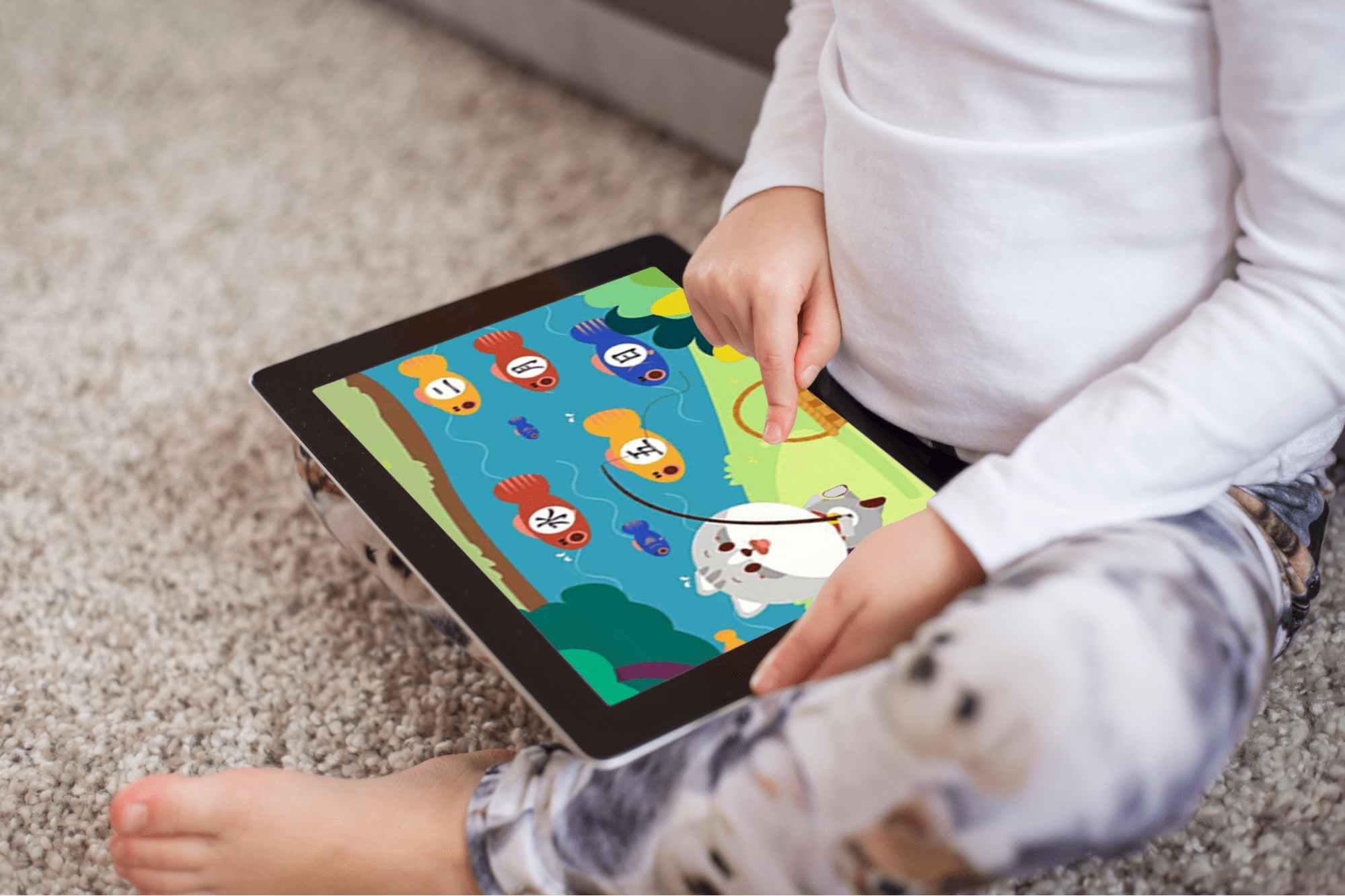 Kid using a tablet for online game virtual classes
