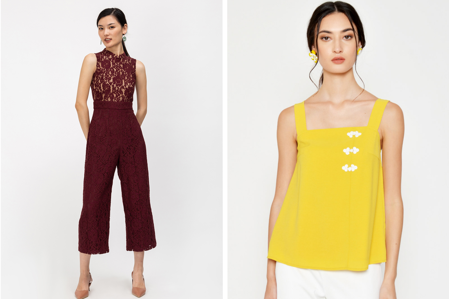 Sharlene Lace Cheongsam Jumpsuit and Lilyth Chinese Button Top