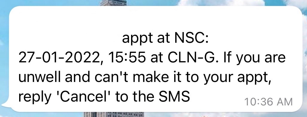 National Skin Centre appointment text