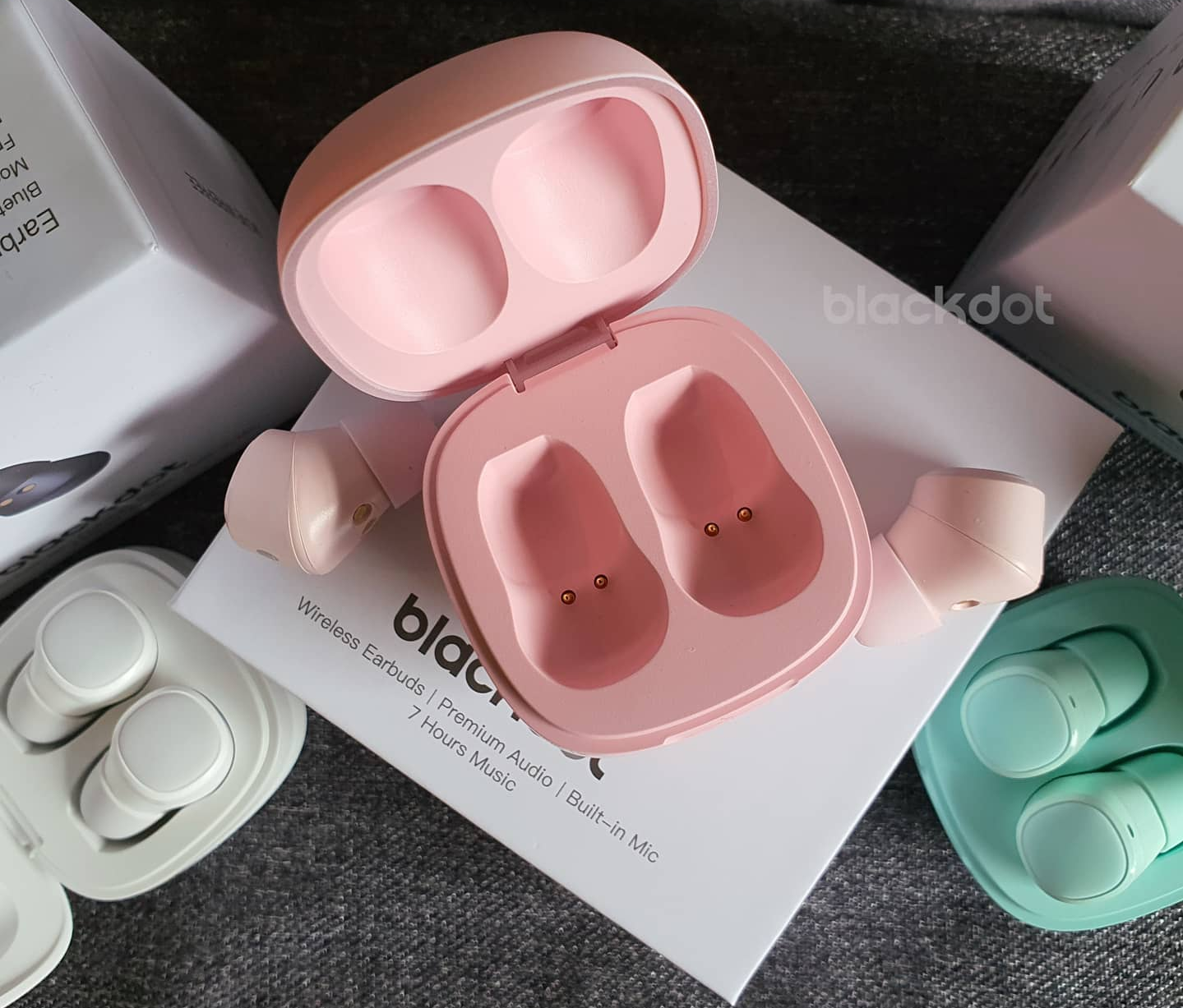 wireless earbuds blackdot white pink teal