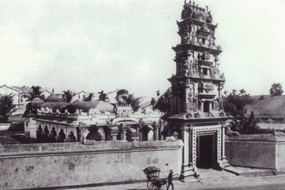 a black and white photograph of sri mariamman temple in its earlier days