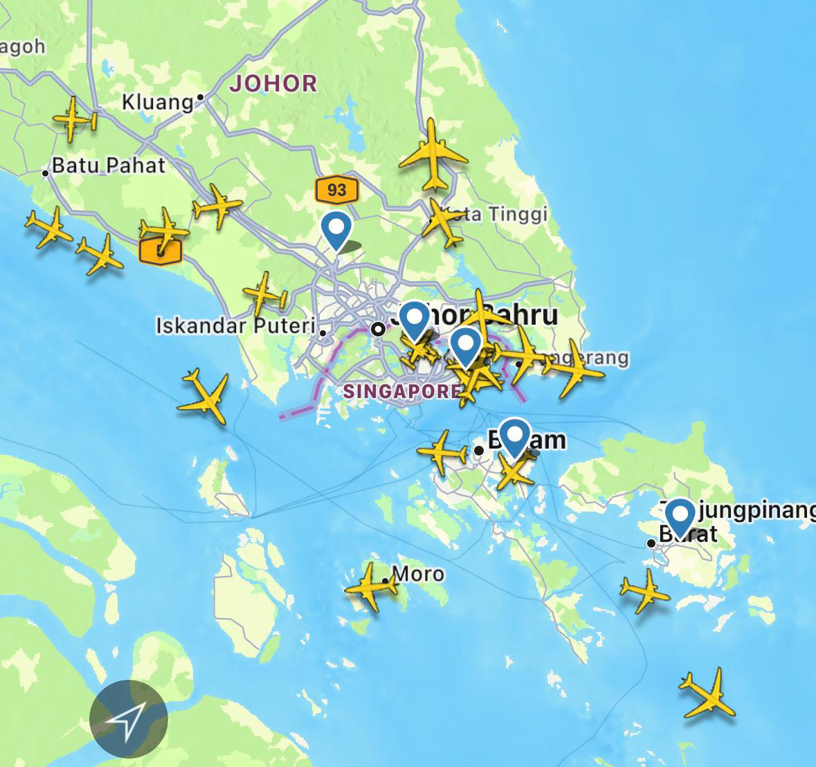 Mapa de aviones sobre singapur