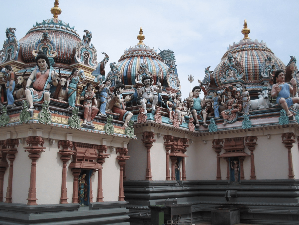 Sri Mariamman Temple deities and figures on gopuram