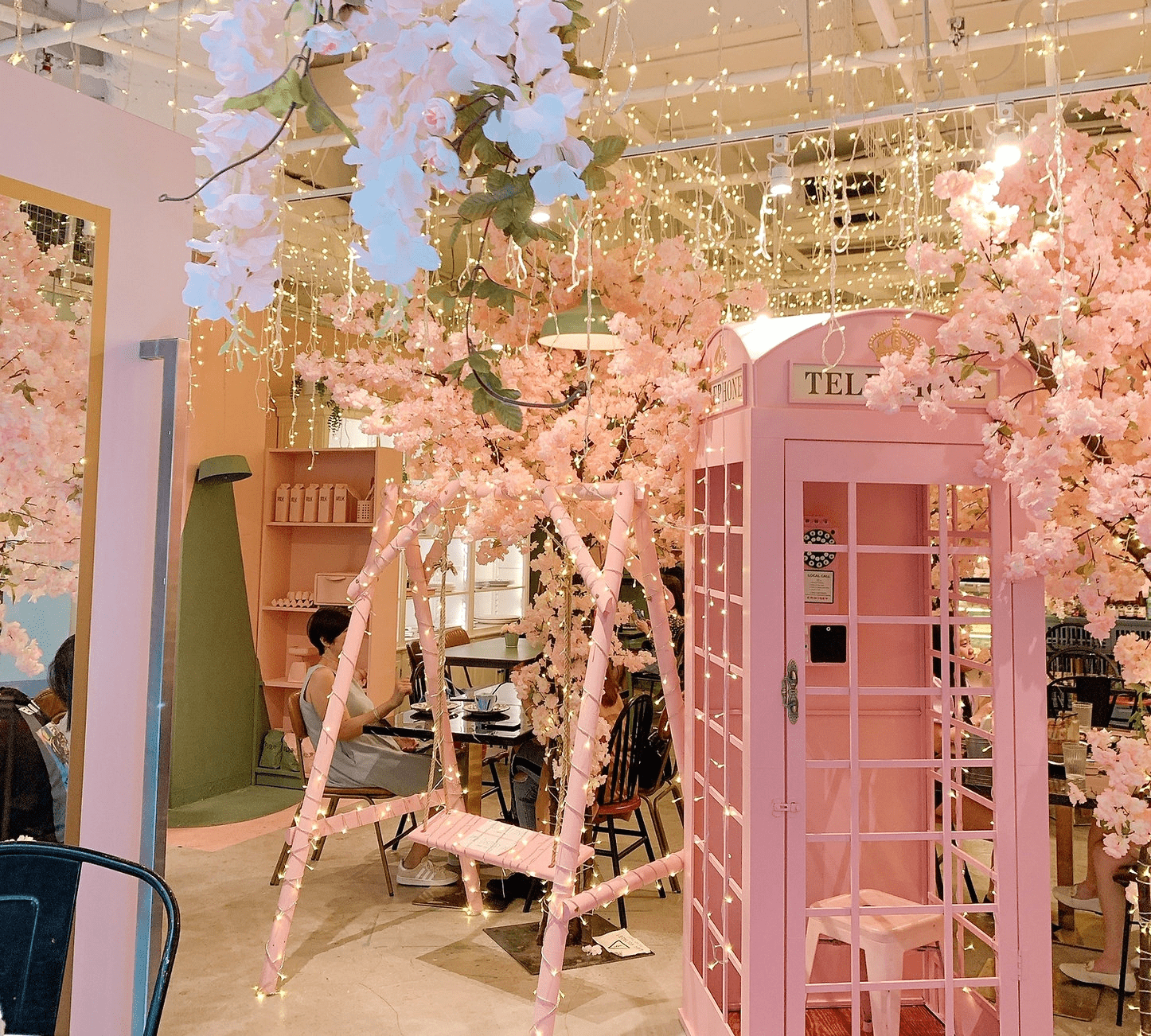 colour-themed cafes - brown butter pink telephone booth