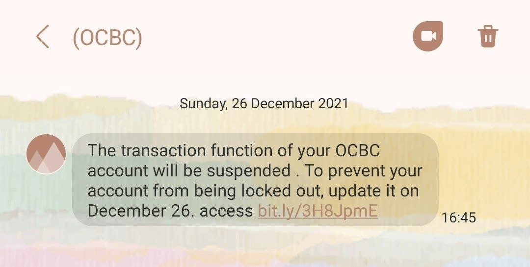 ongoing scams in singapore - fake ocbc message