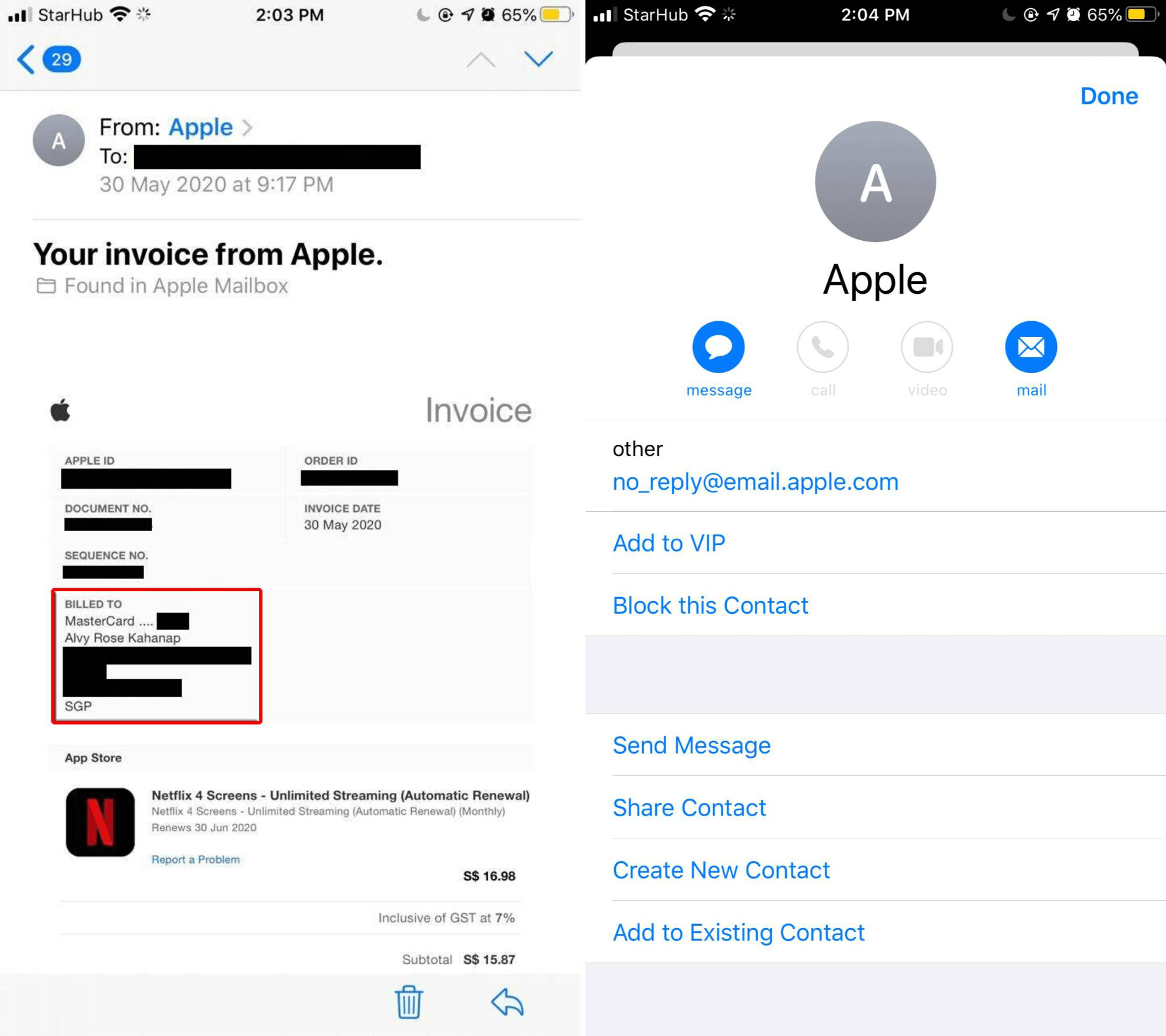 ongoing scams in singapore - real apple invoice