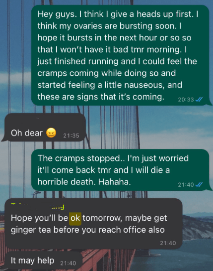 Extreme Period Cramps - WhatsApp Work Conversation