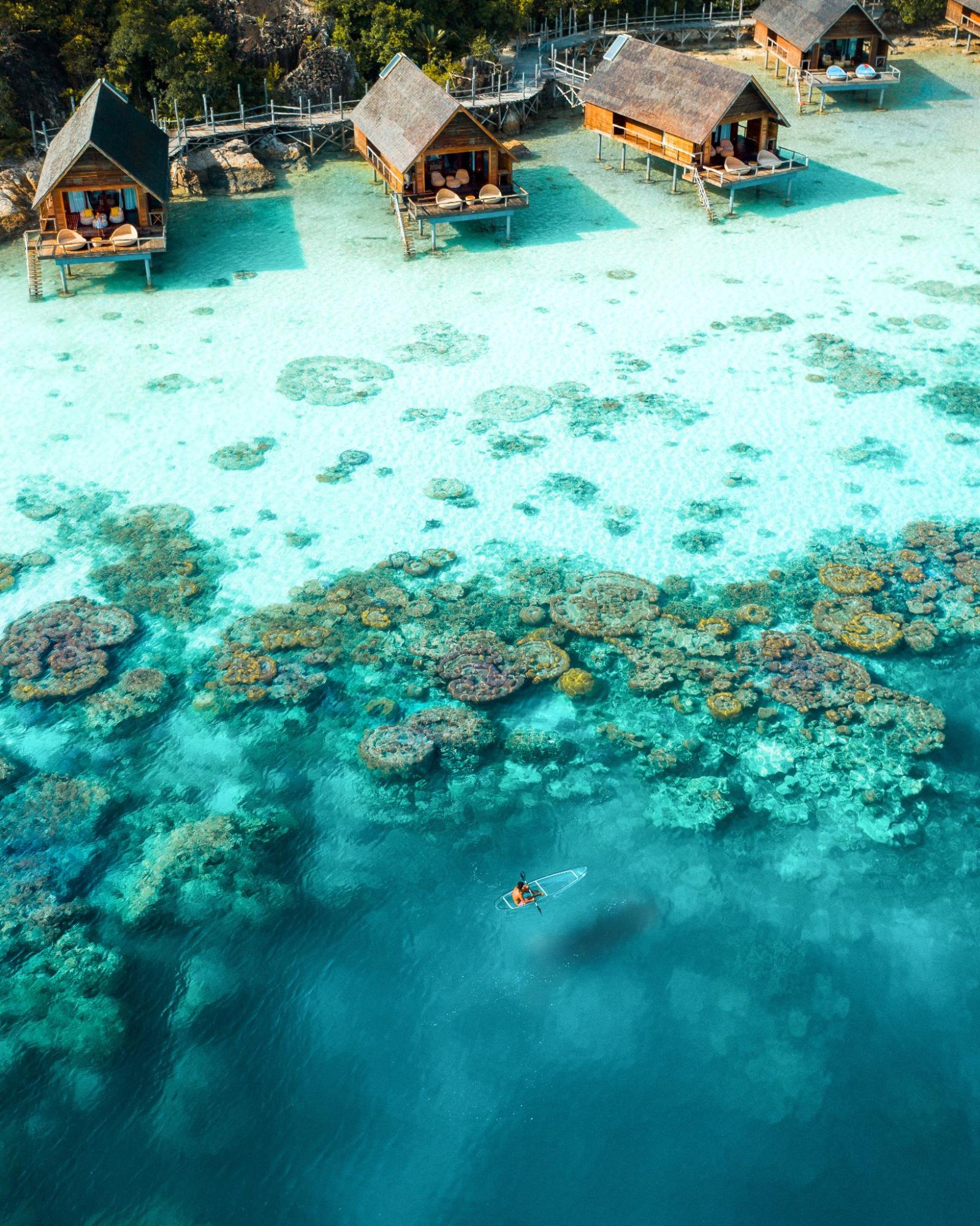 Overwater villas overlooking a coral reef