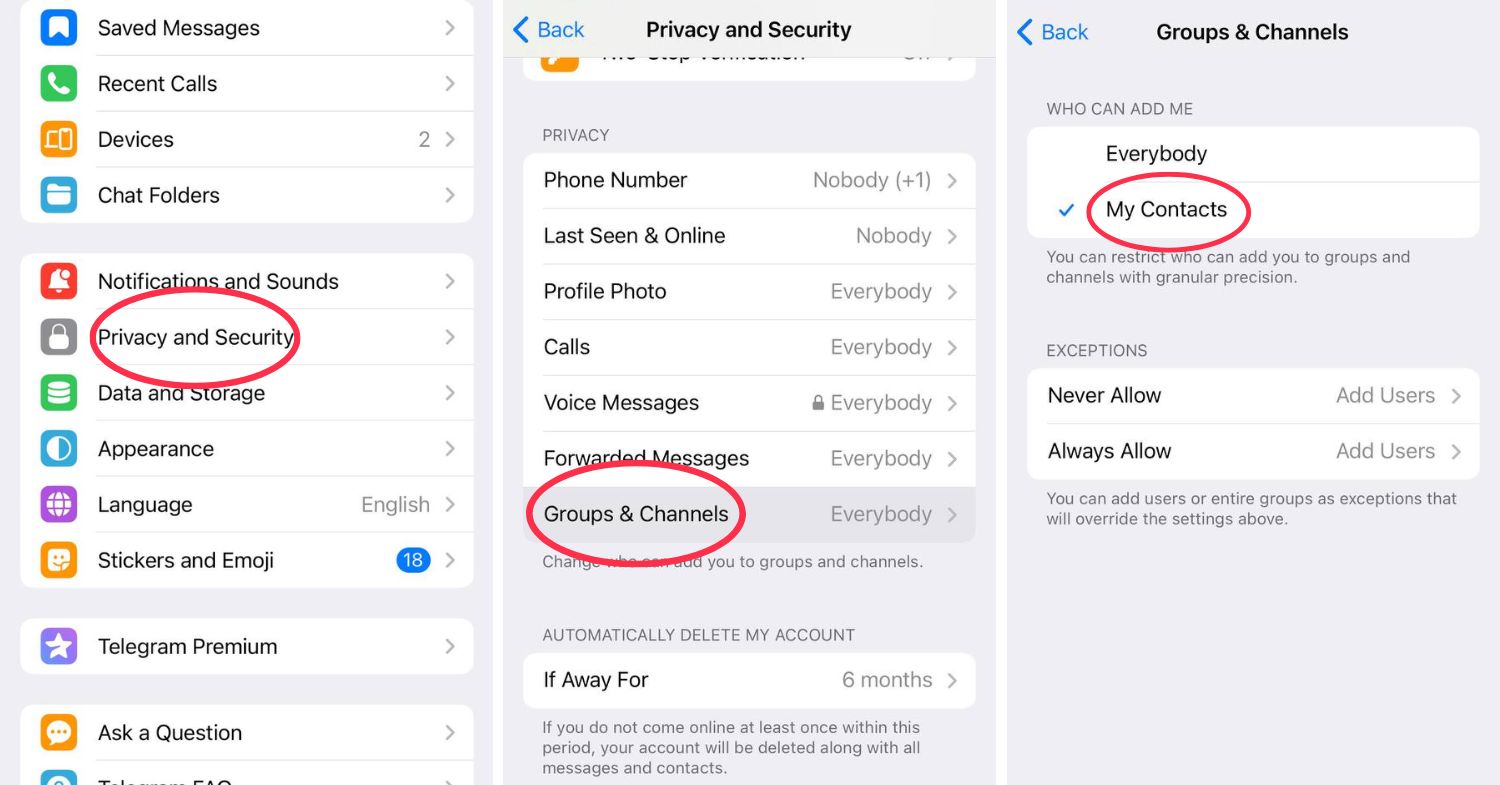 telegram hacks - privacy settings