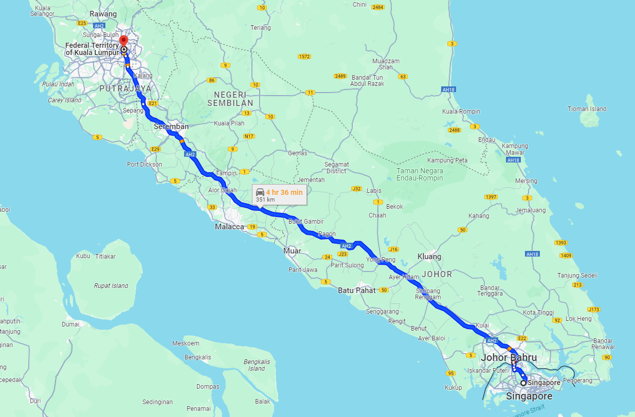 Screenshot of the driving route from Singapore to KL