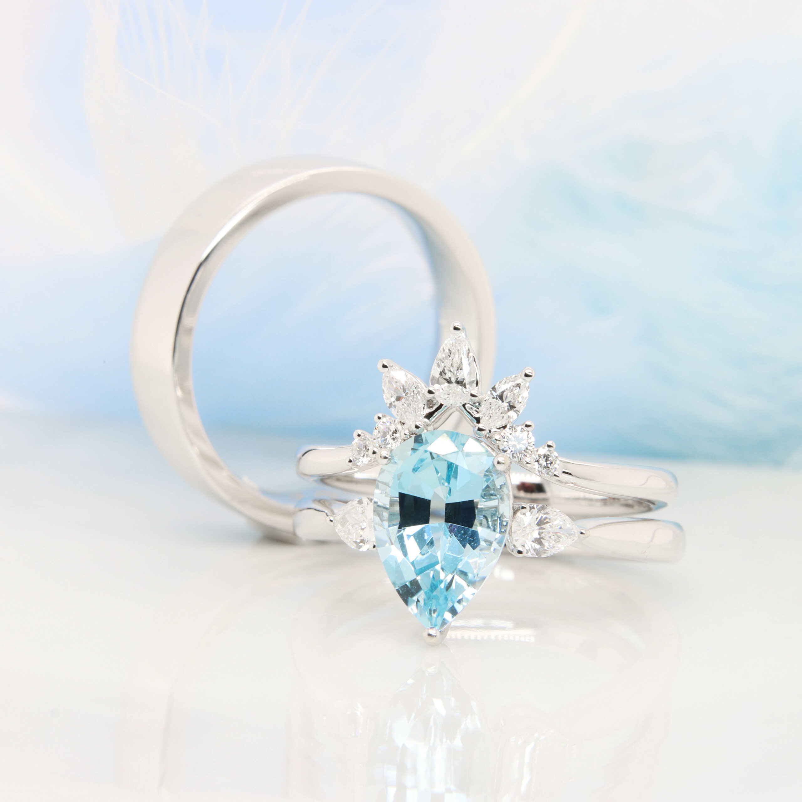 Aquamarine with Stackable Tiara Diamond and Wedding Bands side