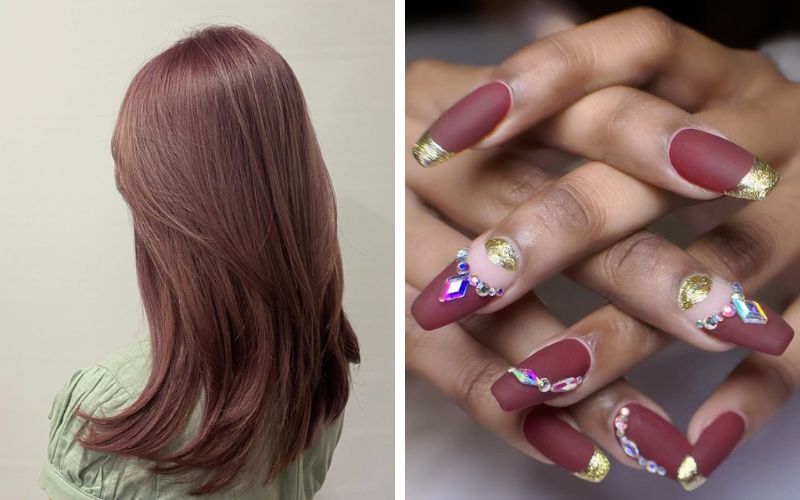 left image shows woman with silky brown hair and right image shows maroon nails with jewell embellishments 