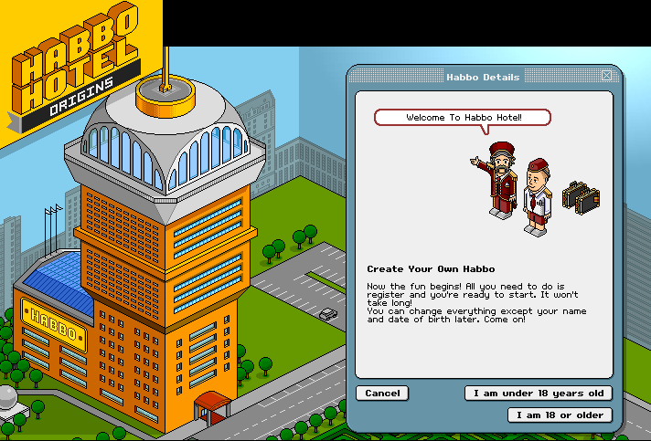 Habbo Hotel Origins - welcome page