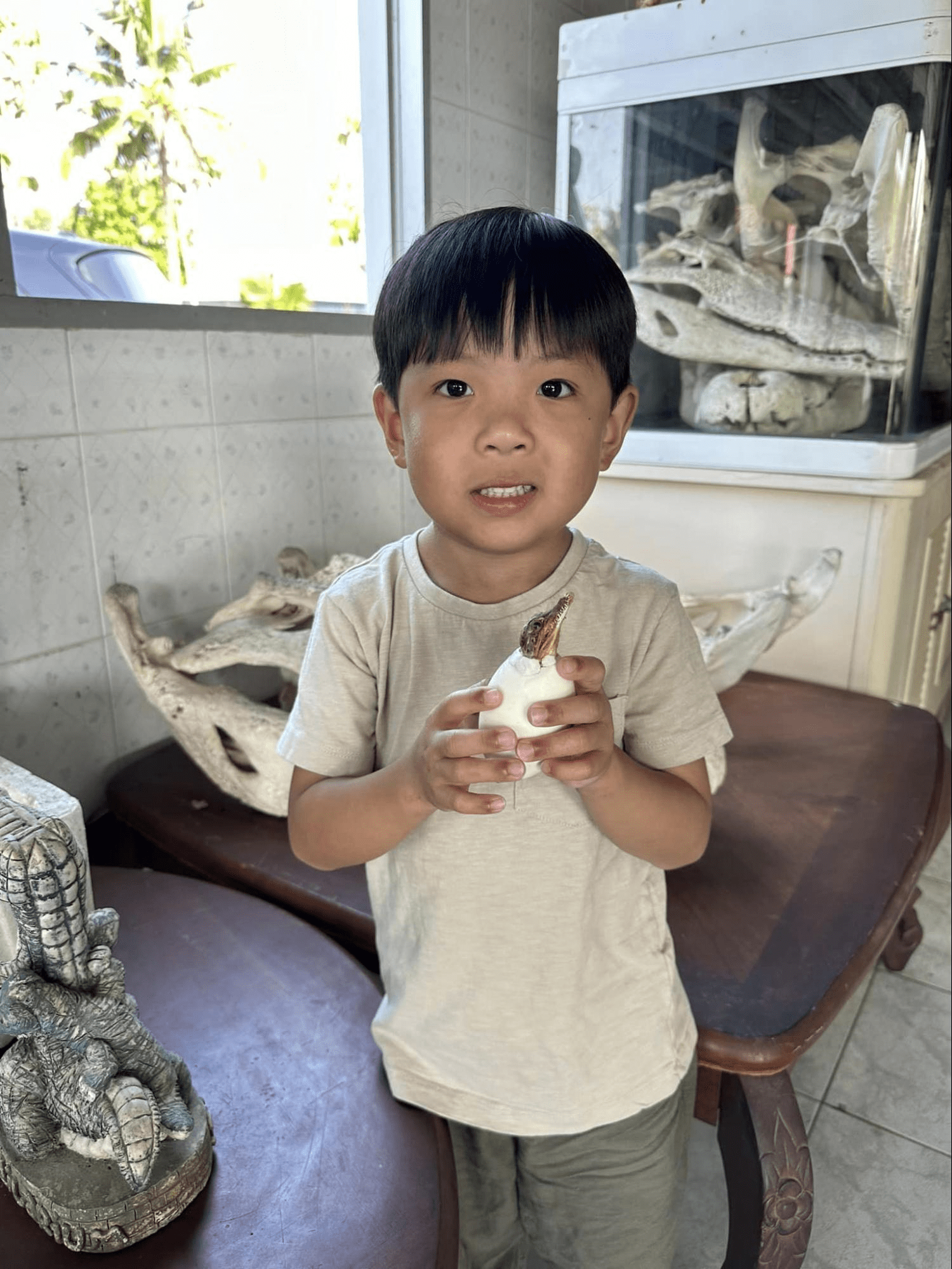 Long Kuan Hung Crocodile Farm - kid holds a baby crocodile 
