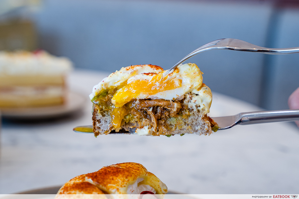 New cafes & restaurants June 2024 - runny egg on top of bread with meat