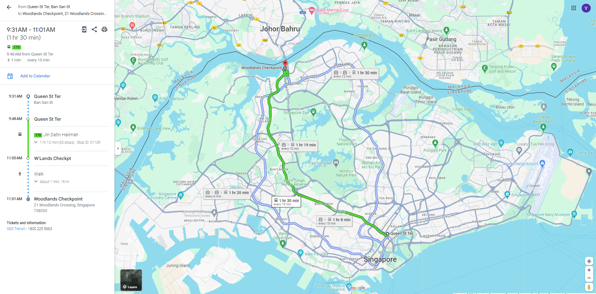 Route of bus 170 on Google Maps