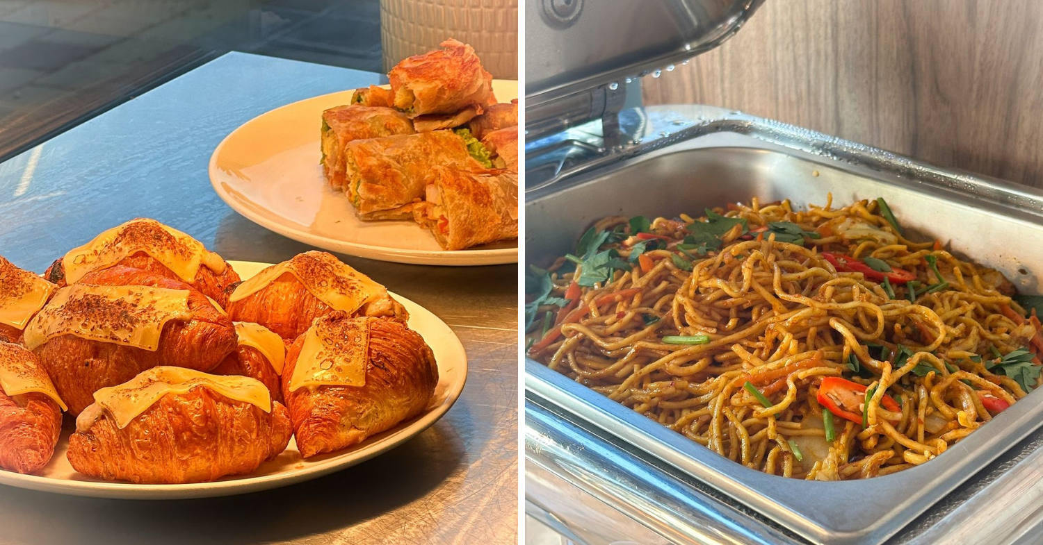 Buffet spread of croissants and mee goreng 