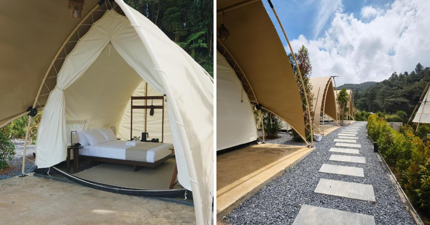 Glamping tent & pebbled walkway outside 