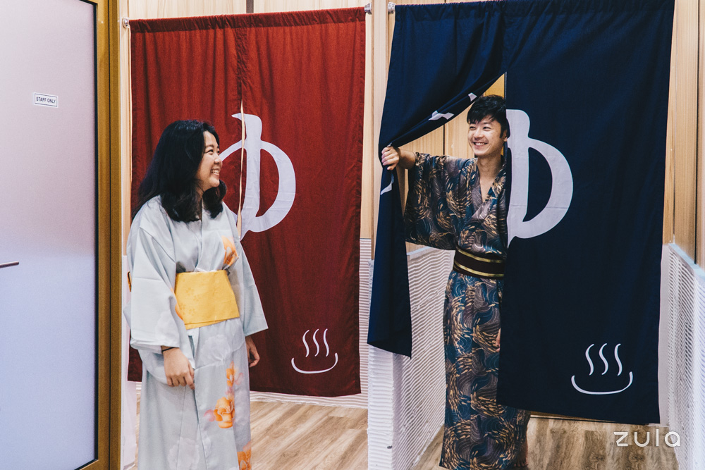 talents draped in kimono at Jaya Onsen Cafe 