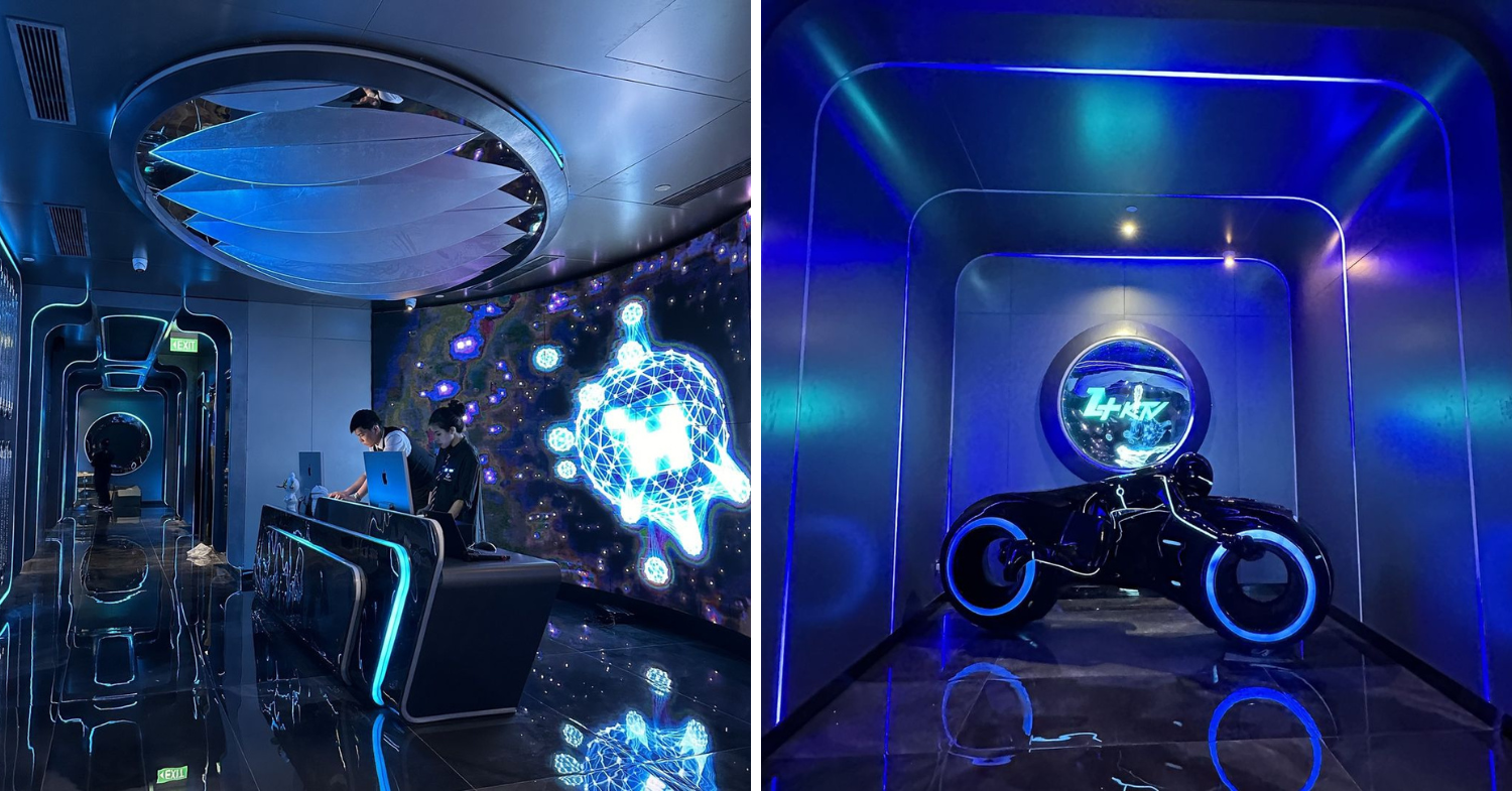 Zplus KTV Orchard - Neon blue reception counter & Tron bike display