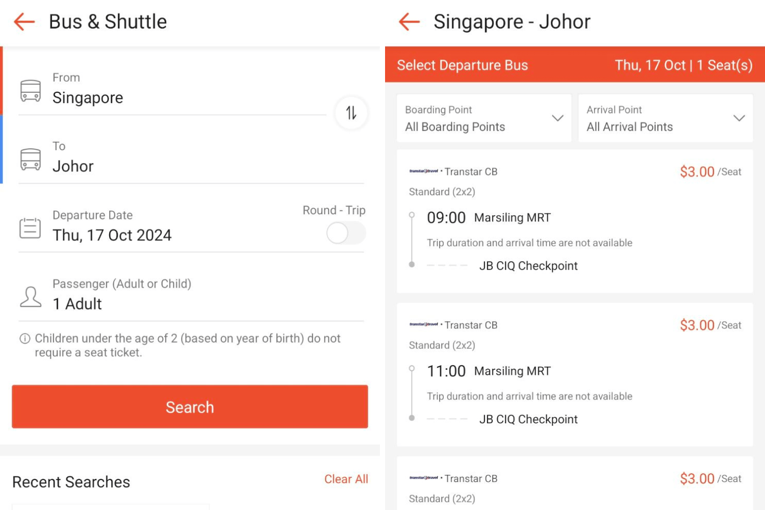 Shopee page to book Transtar Cross Border bus