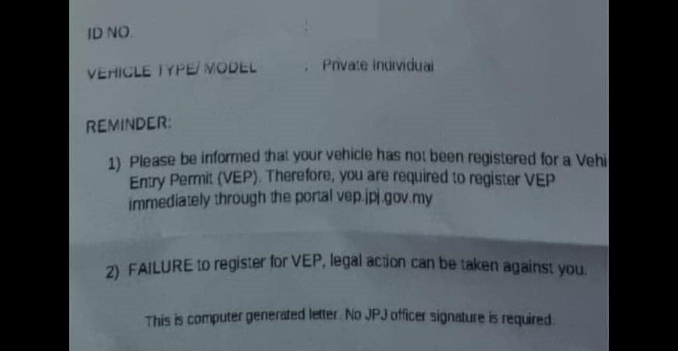 Vehicle Entry Permit Malaysia - Warning Letter