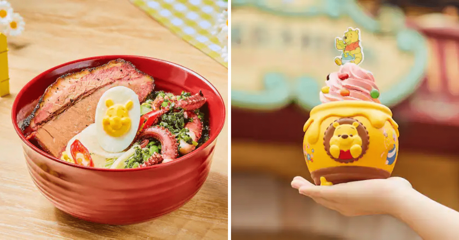 Pooh bear-themed noodles and dessert