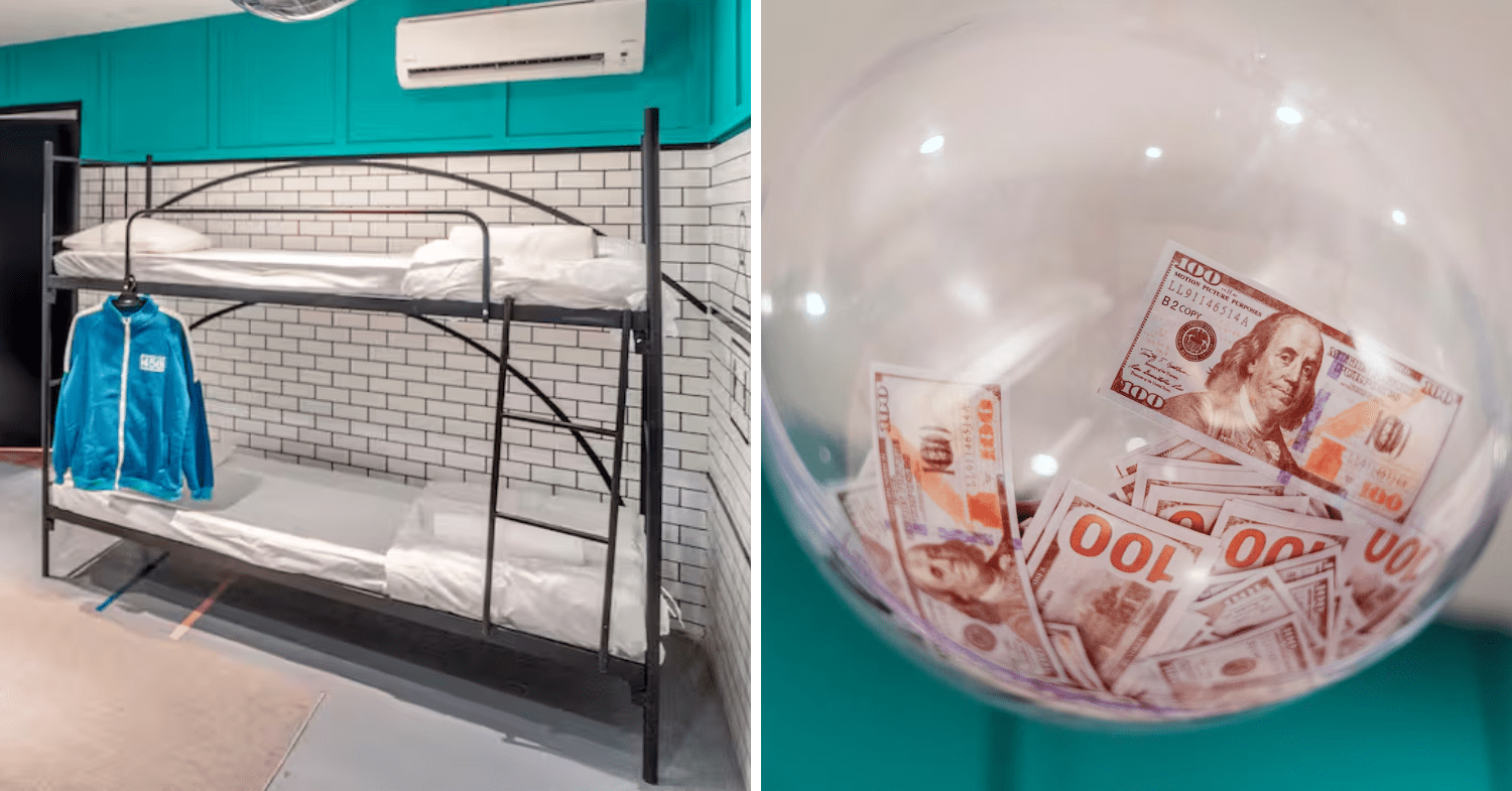 bunk beds and money ball prop that are kept in the room
