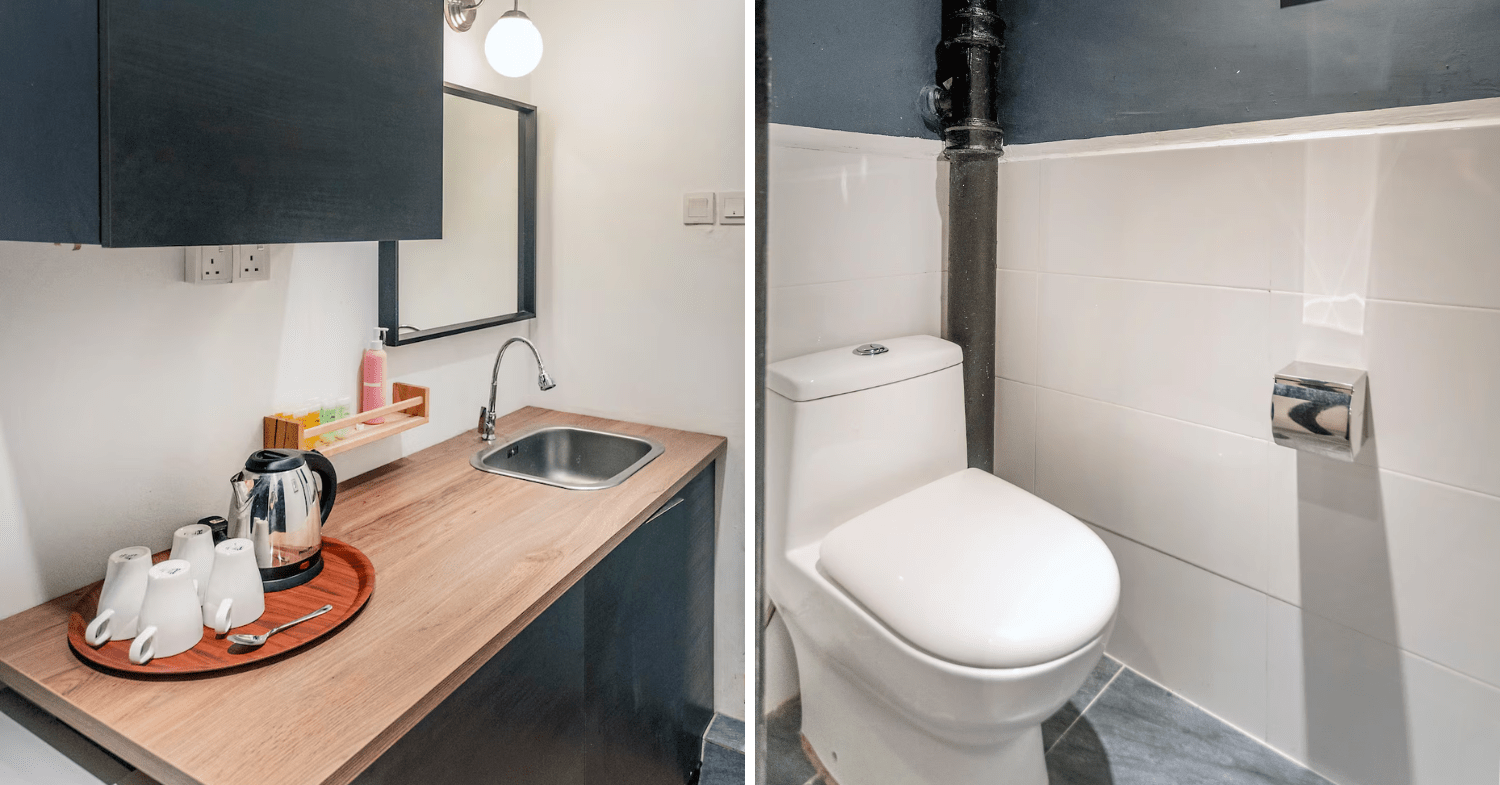 kitchenette and bathroom that are available in the room to use