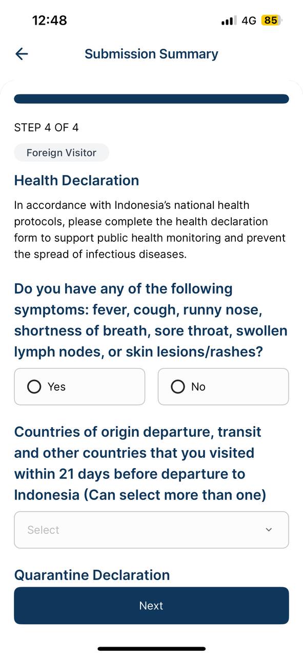 Health declaration in the All Indonesia app