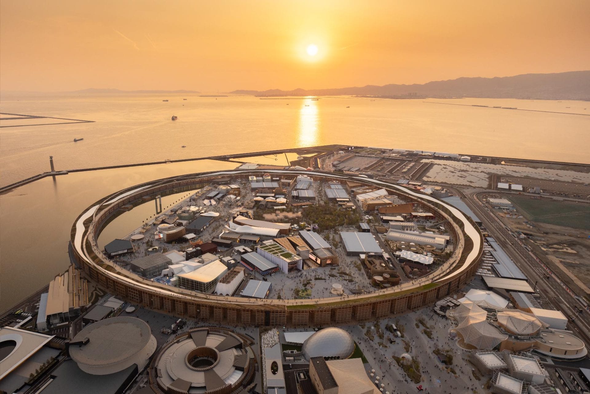 Aerial view of the Grand Ring on Yumeshima, Osaka