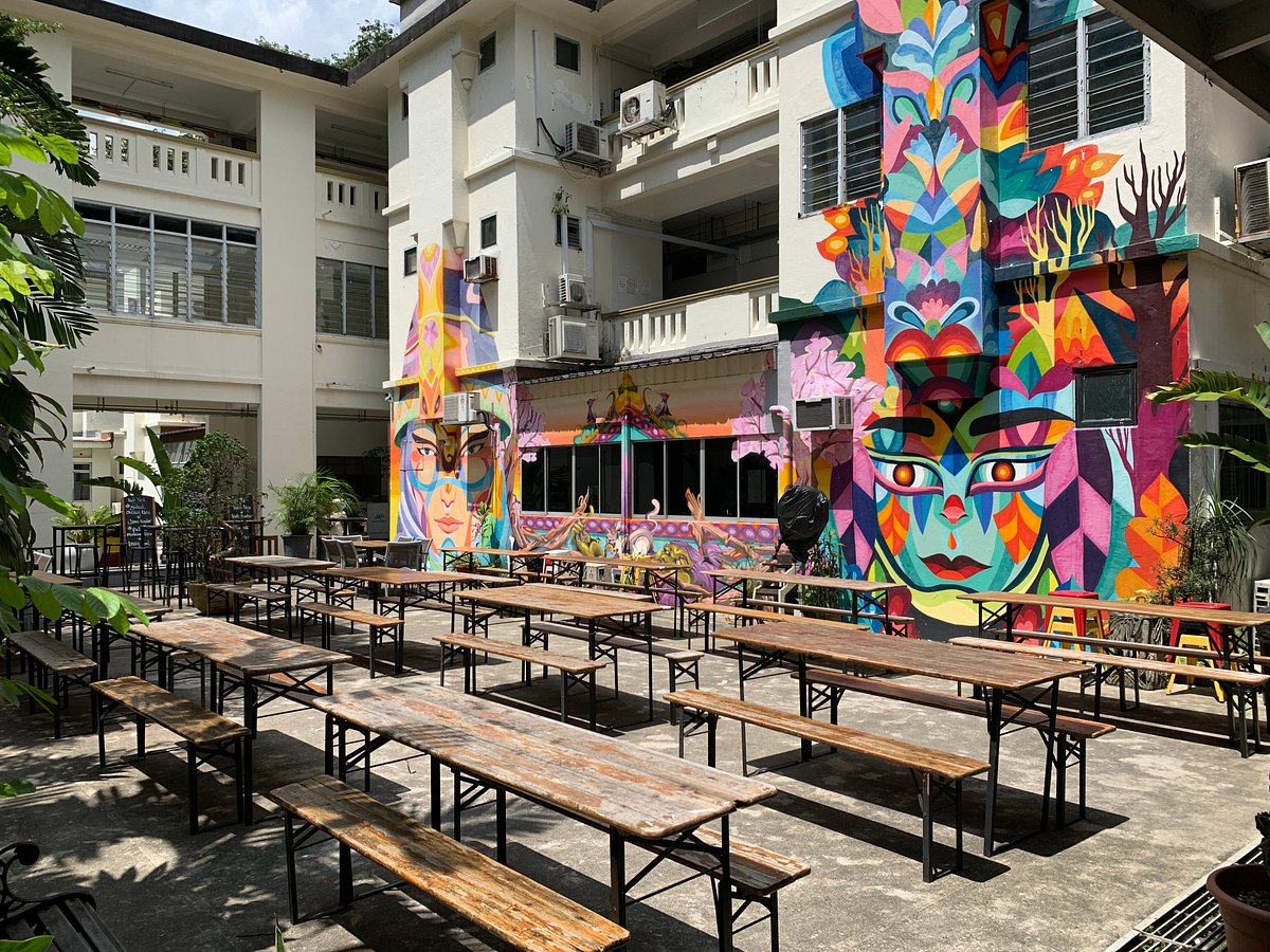arts spaces - rows of tables laid out at the Pearl's Hill Terrace courtyard